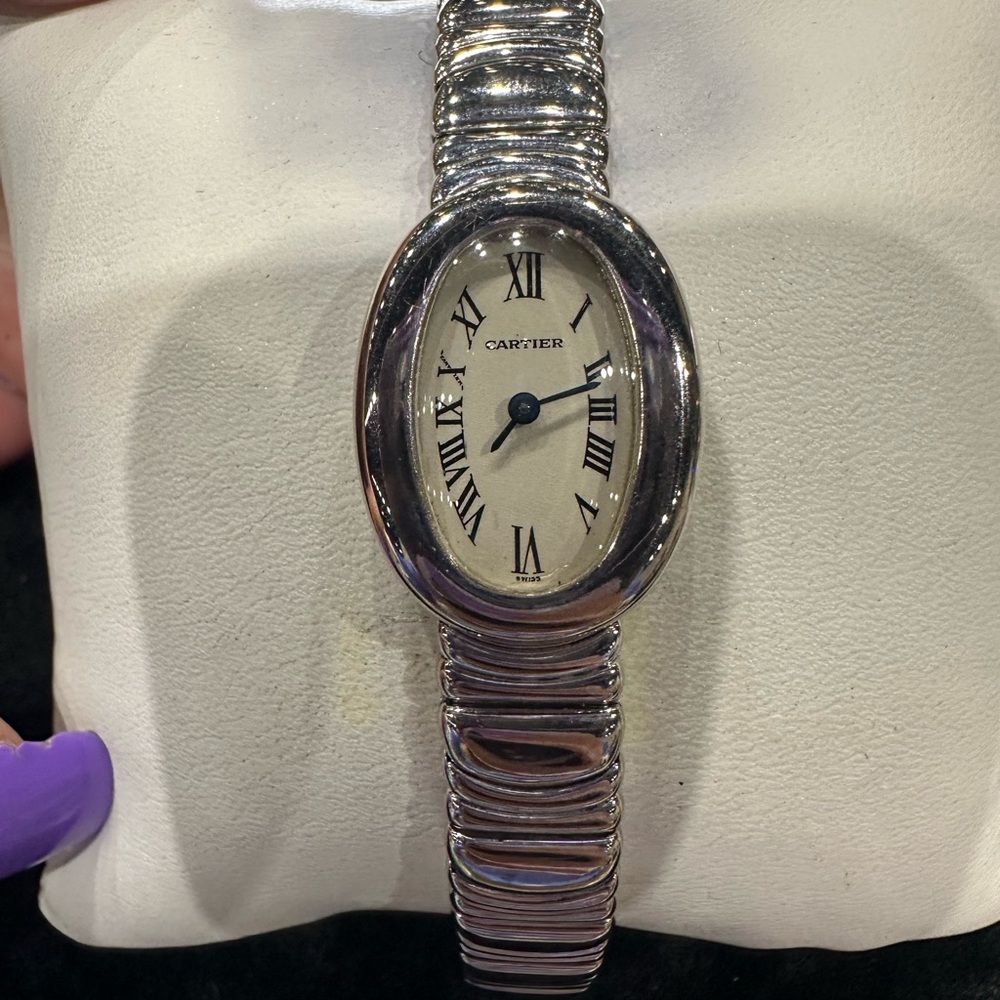 Cartier 18k white gold baignoire mini with original bracelet.  Quartz movement
